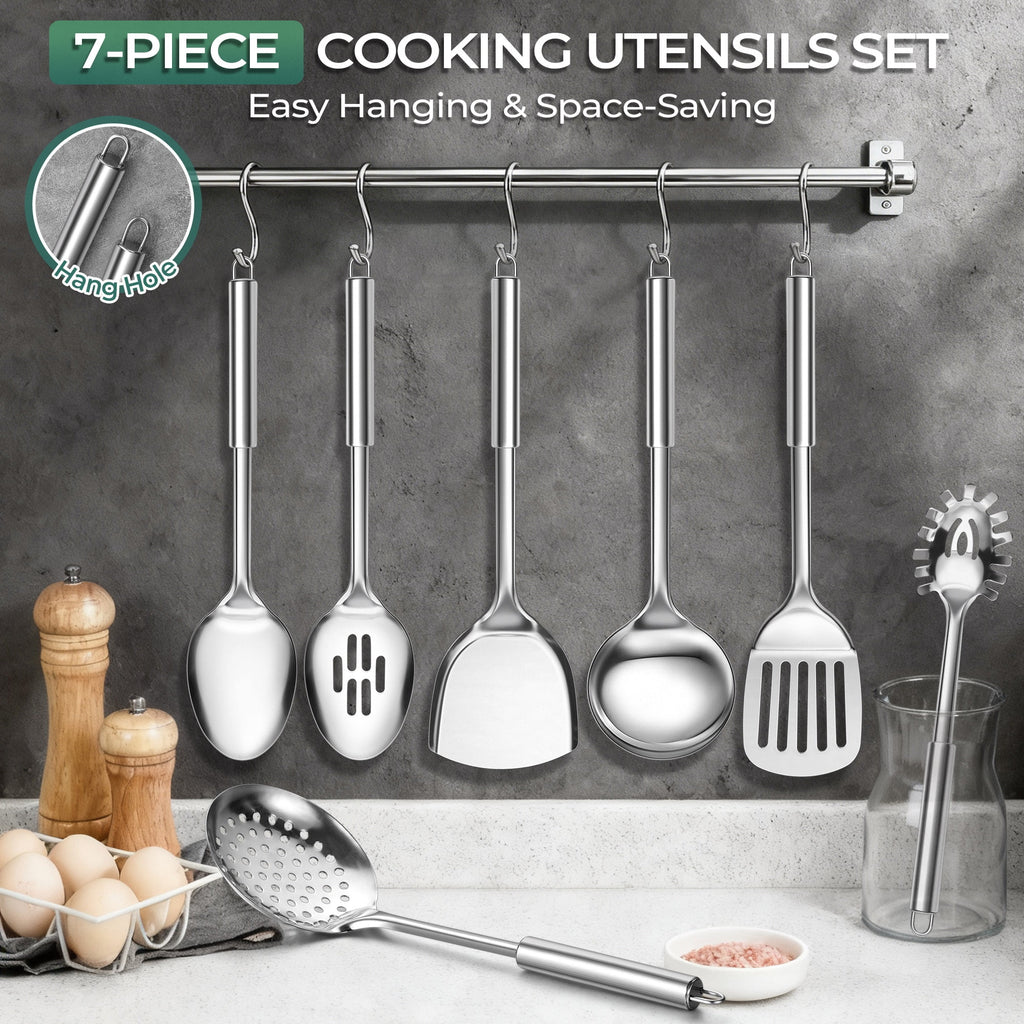 Kitchen Utensils Set, 7 PCS Stainless Steel Cooking Tools, Metal Kitchen Tools Set, Heat Resistant & Dishwasher Safe - Image 6