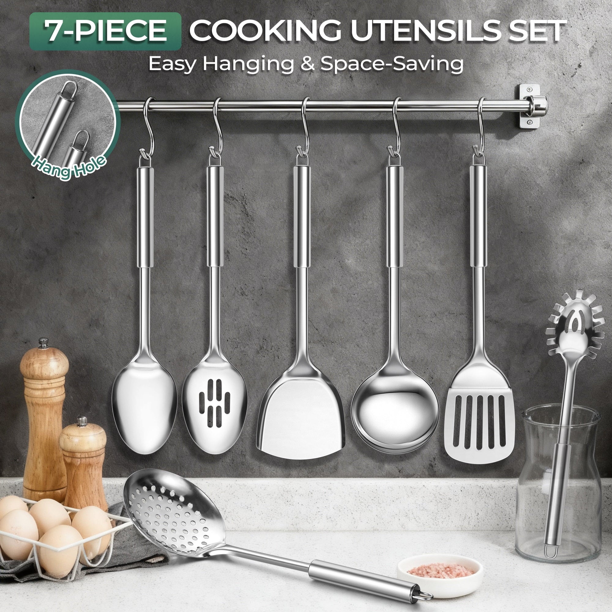 Kitchen Utensils Set, 7 PCS Stainless Steel Cooking Tools, Metal Kitchen Tools Set, Heat Resistant & Dishwasher Safe - Image 6