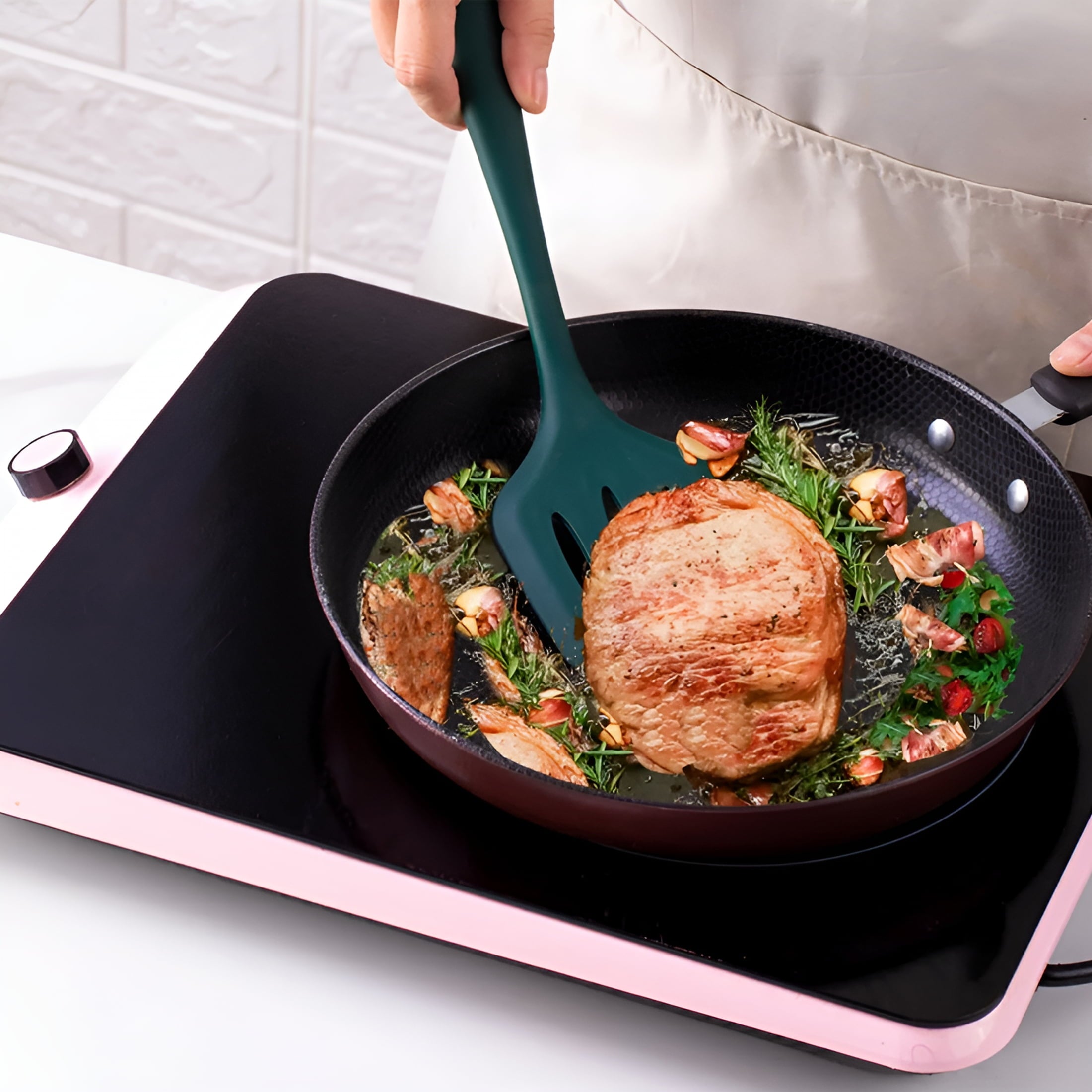 ACDANC 1 Set Silicone Kitchen Non-Cooking Non-Pan Spatula Cooking Stainless Steel Kitchen Utensils Dark Green - Image 5