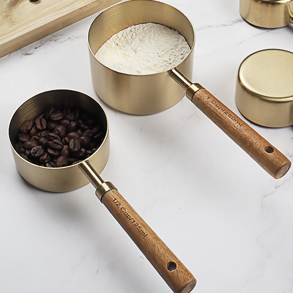 8Pcs Measure Cup and Spoon Set Gold Measuring Cup Spoon Set with Wooden Handle Stainless Steel Stackable Kitchen and Baking Measurement Kitc - Image 5