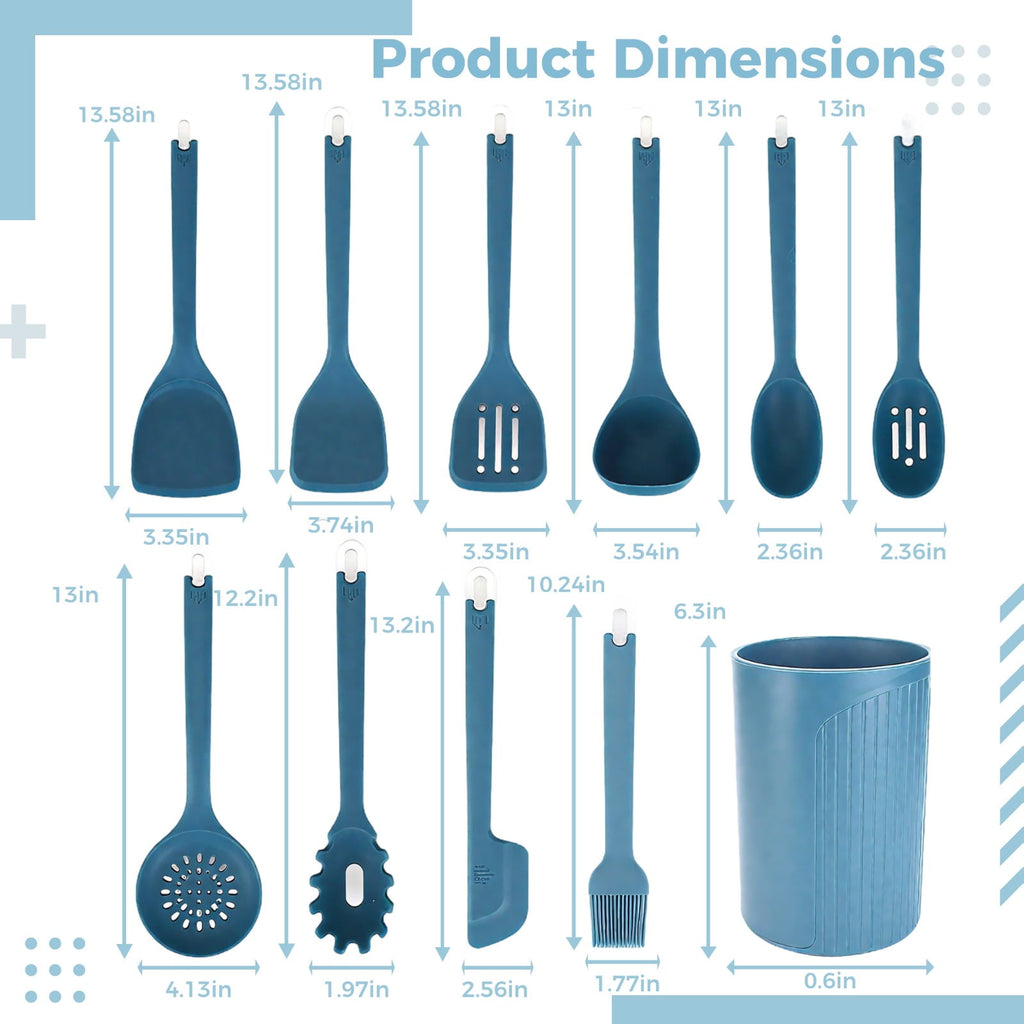 11-Piece Set Silicone Cooking Utensils, Blue Kitchen Utensil Set, Heat Resistant, Include Spatulas Spoons and Holder,... - Image 4