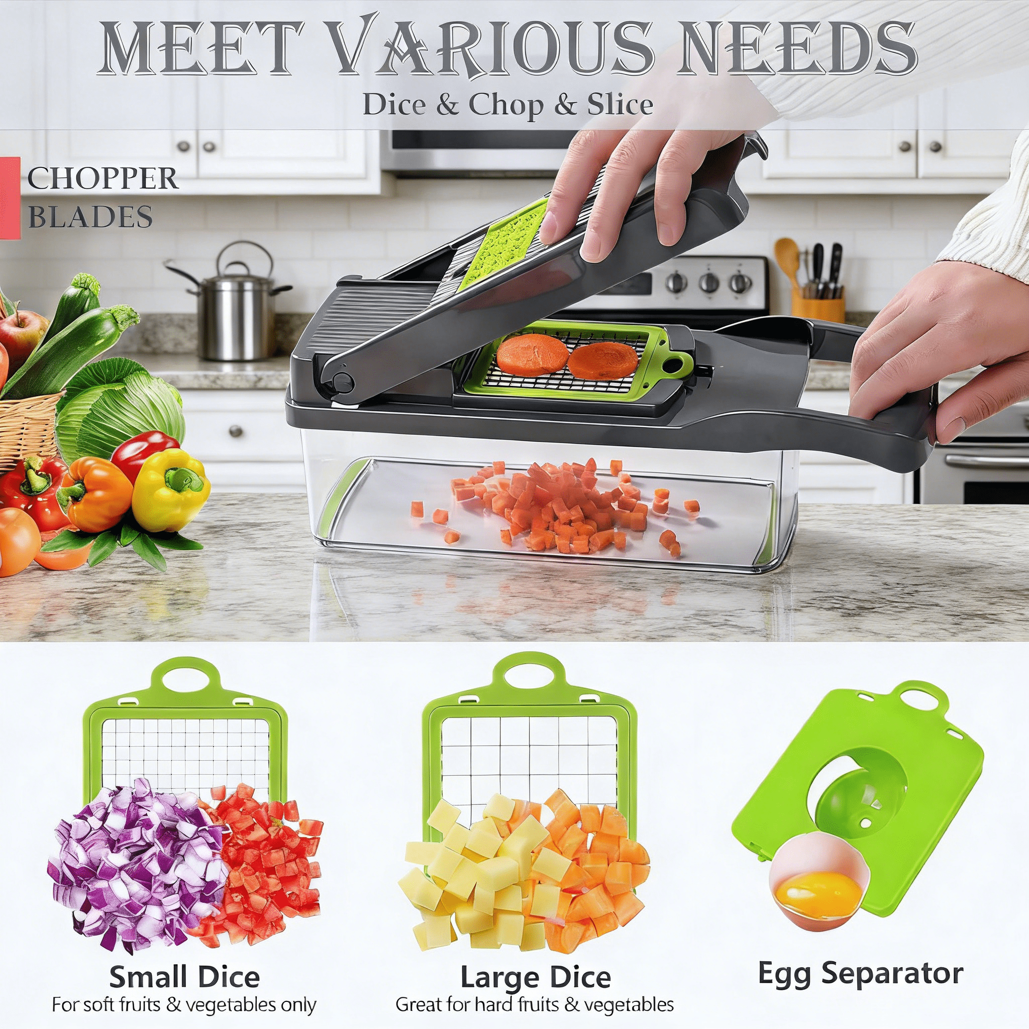 10-in-1 Vegetable Chopper Mandoline Slicer, 8 Blade Food Cutter with Colander Basket & Storage Case - Image 6