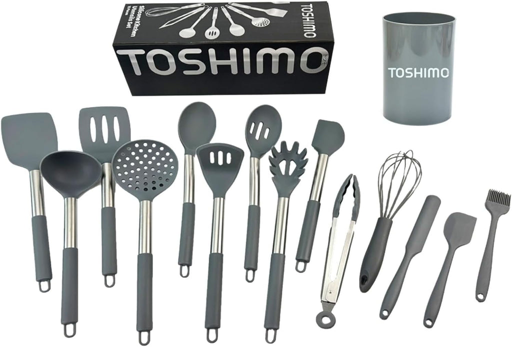 15 Pieces Silicone Kitchen Utensil Set with Holder | Non Slip Stainless Steel Cooking Tool |Spatulas, Spoon, Ladle, Pasta Server, Turner, To - Image 6