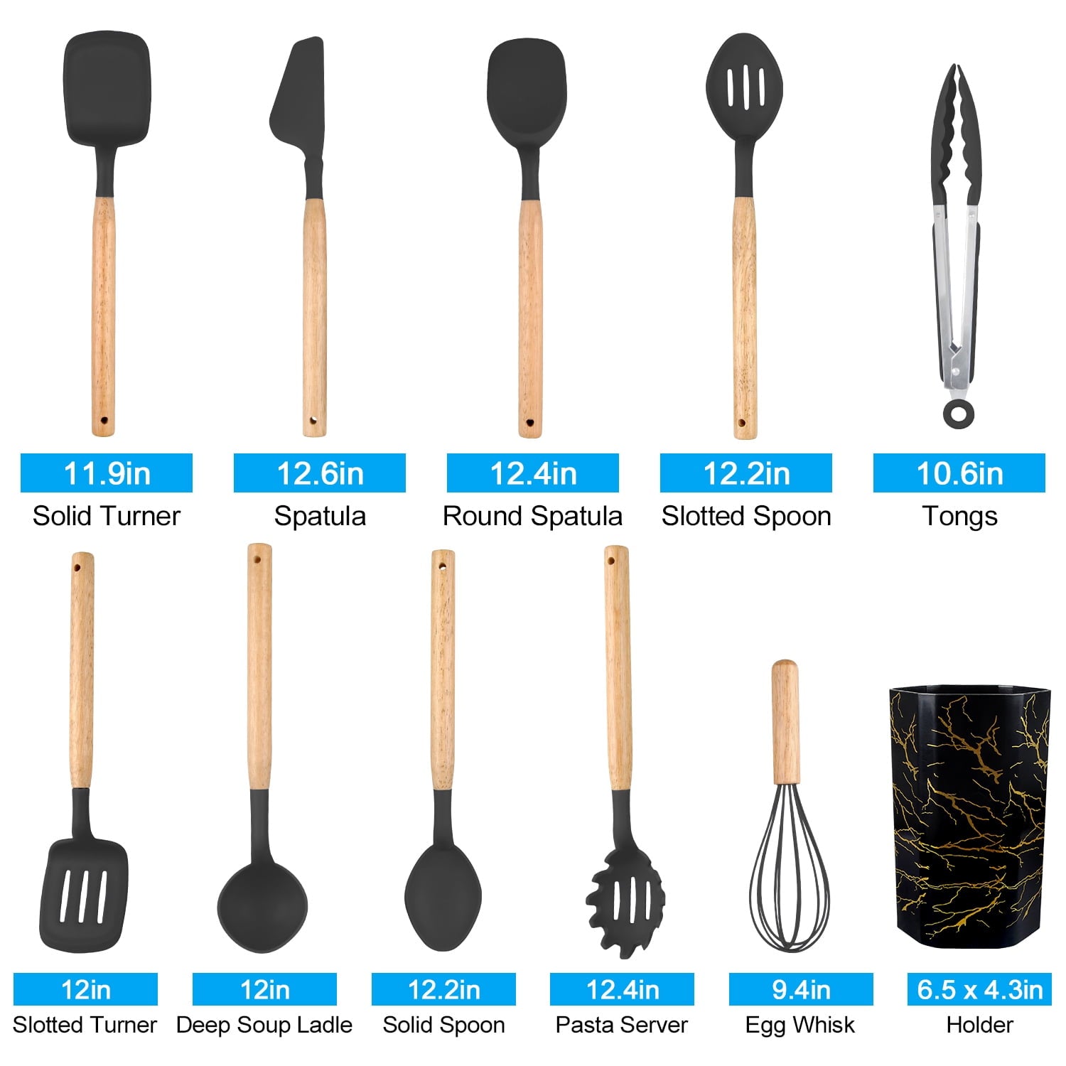Silicone Cooking Utensils Sets with Utensils Holder AILKIN 12-Piece Wooden Handle Kitchen Utensil Set 600F Heat Resistant Non-stick Cookware - Image 6