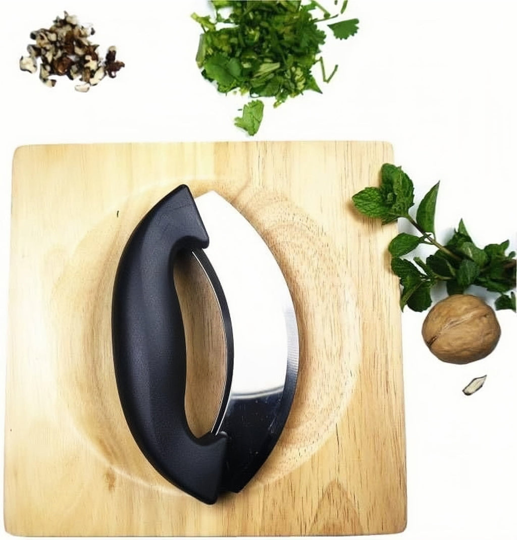 Mezzaluna Knife and Board, Double Blade Mezzaluna Salad Chopper with Wood Board - Image 2
