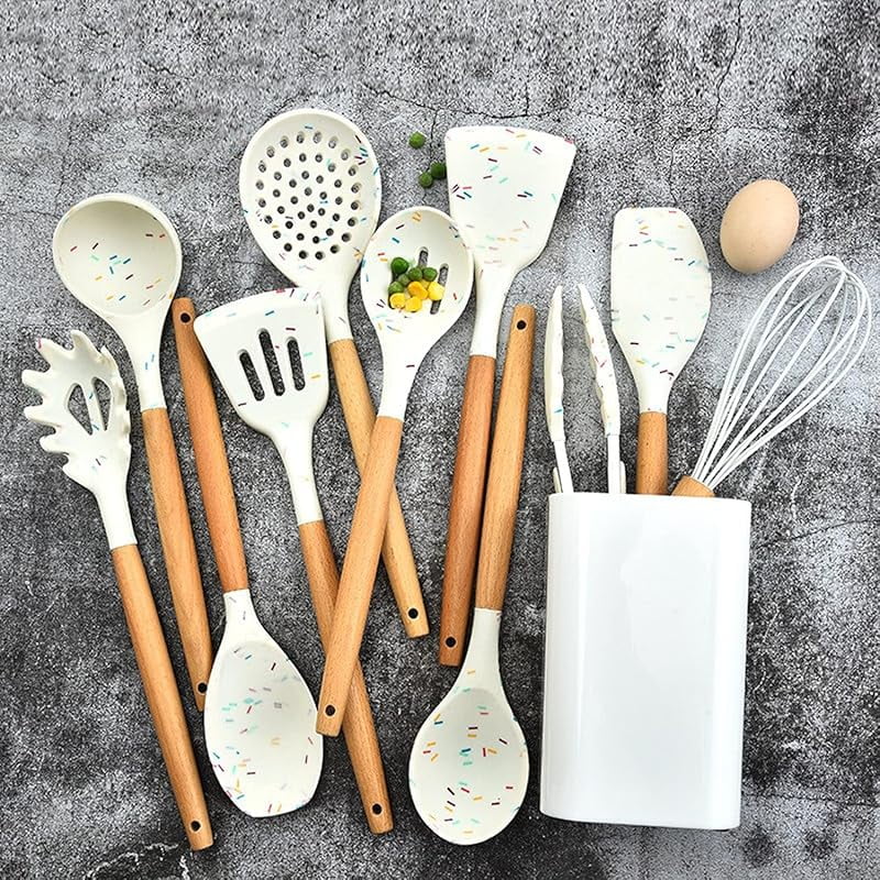 Kitchen Cooking Utensils Set, Wooden Handle Silicone Kitchen Gadgets Utensil Set,11 pcs Non-Stick Silicone Cooking Ki... - Image 3