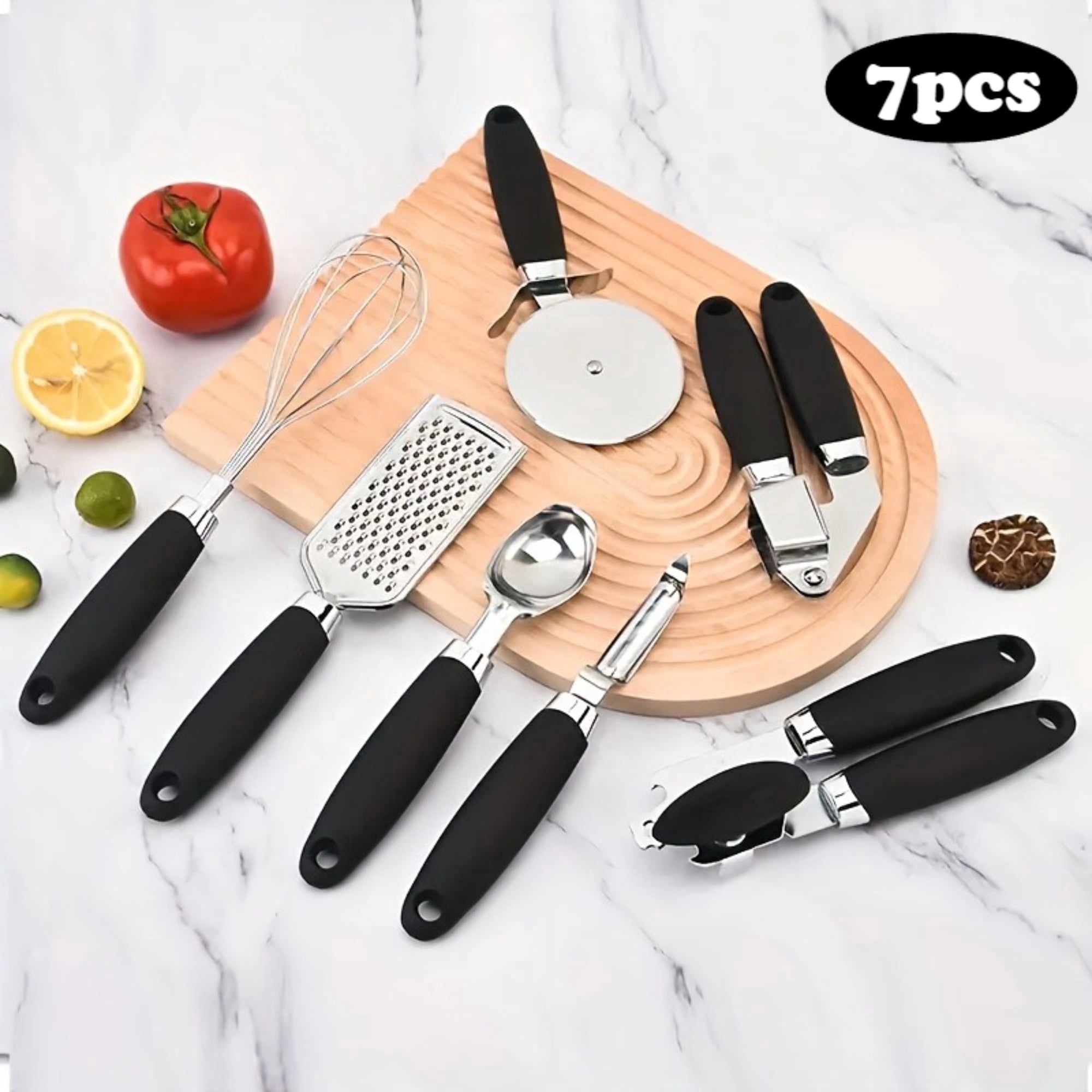 7 Pcs Black Stainless Steel Kitchen Gadget Set,Soft Touch Black Handles,Practical Daily Cookware for Home and New Apa...