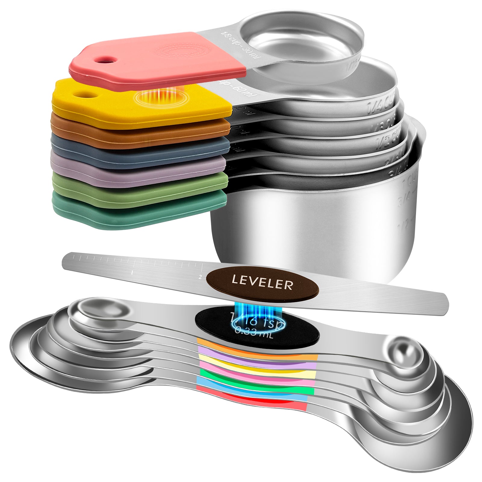 Godance Magnetic Measuring Cups and Spoons Set Including 7 Stainless Steel Stackable Measuring Cup 8 Double Sided Magnetic Measuring Spoons - Image 2