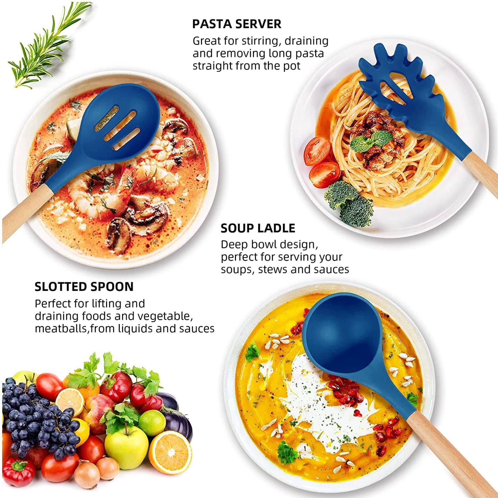 12 Pcs Silicone Cooking Utensils,Wooden Kitchen Utensil Set, Kitchen Household Products,Dark blue - Image 5