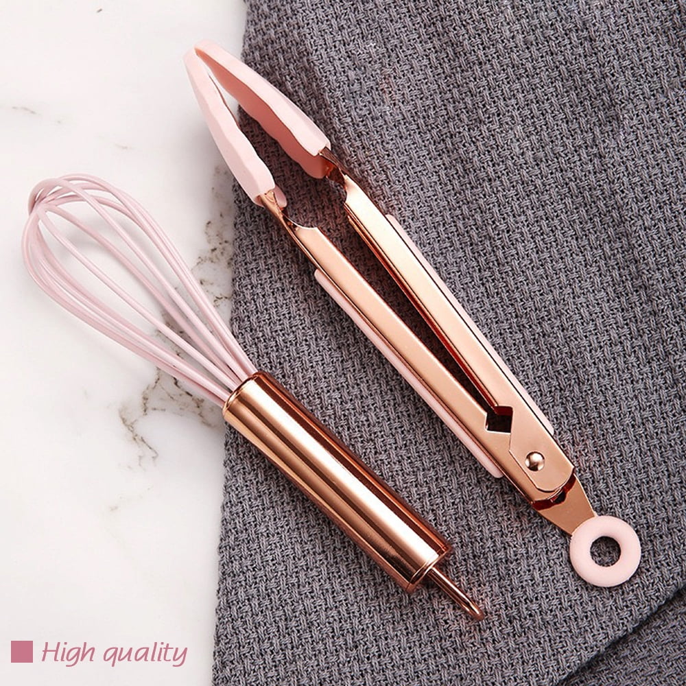 Rose Gold And Pink Kitchen Utensil Small Five-Piece Set Mini Silicone Kids Kitchen Tools Whisk Spatula Tongs Spoon An... - Image 4