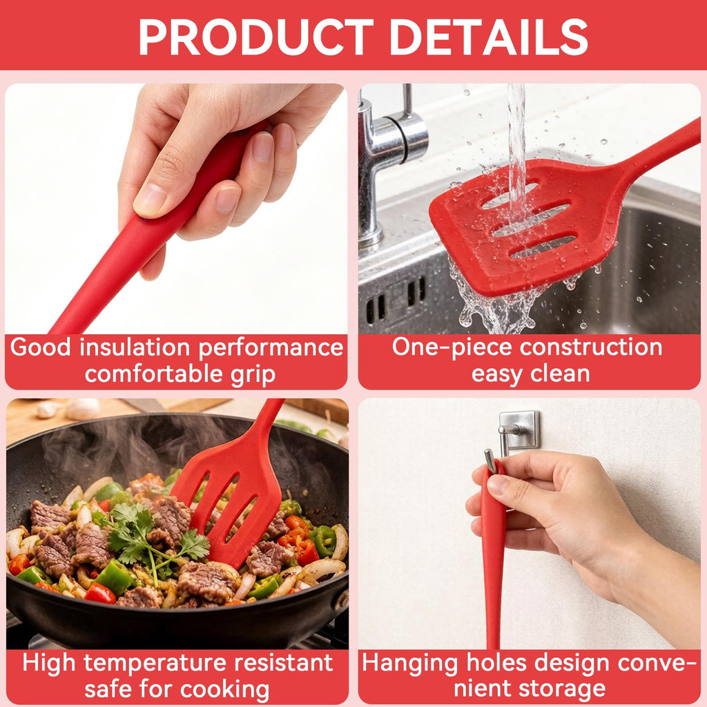 8 Piece Silicone Cooking Utensils Set, Red Kitchen Utensils with Spatula,Turner, Slotted Spoon, Pasta Server, Soup La... - Image 5