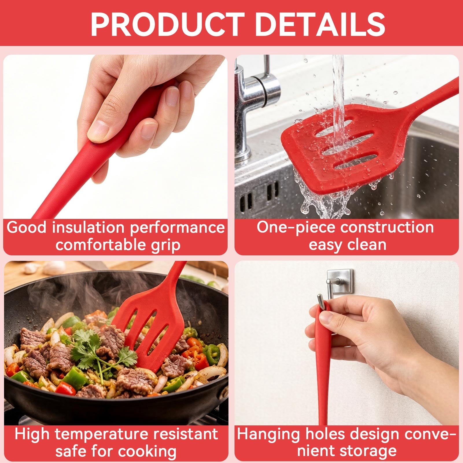 8 Piece Silicone Cooking Utensils Set, Red Kitchen Utensils with Spatula,Turner, Slotted Spoon, Pasta Server, Soup La... - Image 5