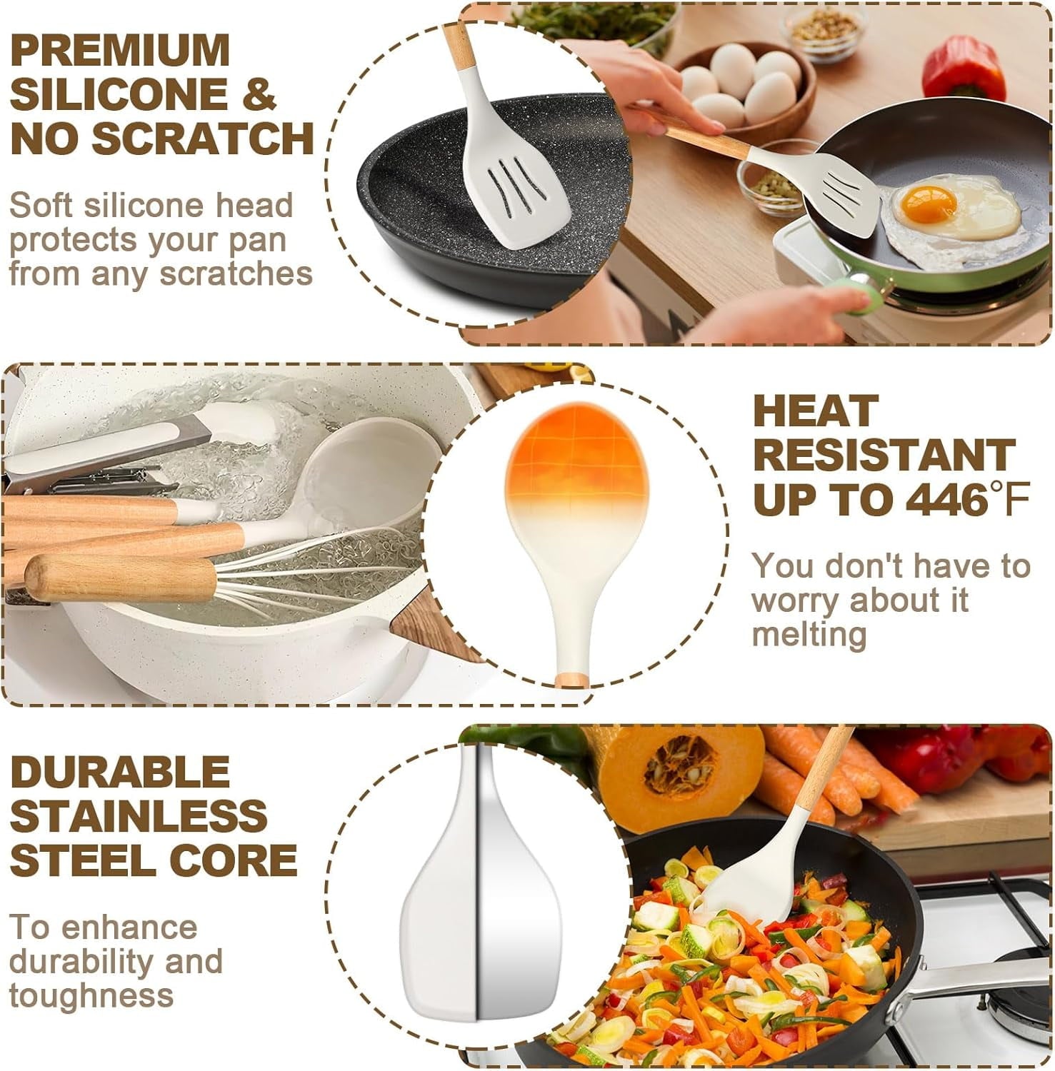 Silicone Cooking Kitchen Utensils Set, 16 Pcs Cooking Utensils Set with Holder, Heat Resistance, White Wooden Handle ... - Image 3