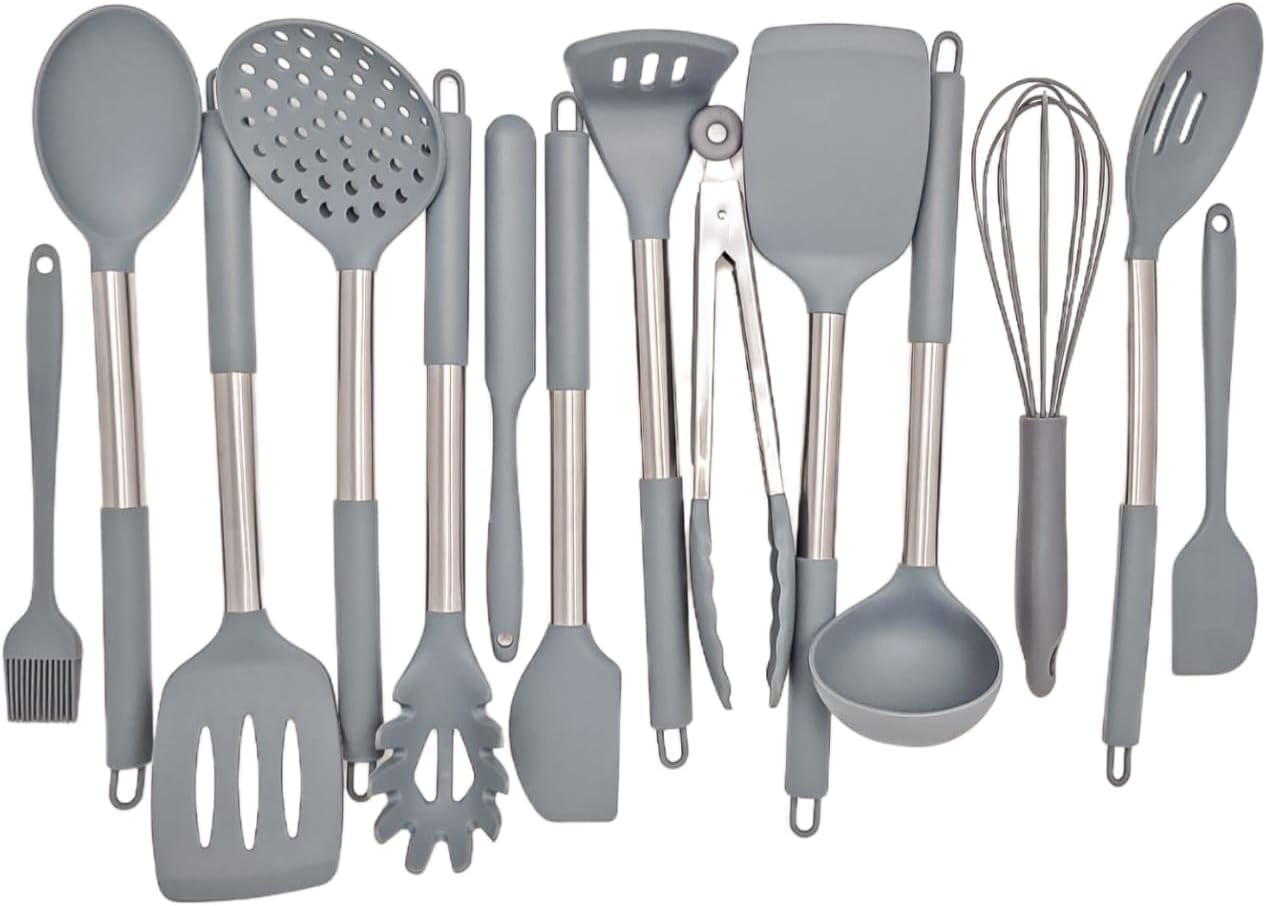 15 Pieces Silicone Kitchen Utensil Set with Holder | Non Slip Stainless Steel Cooking Tool |Spatulas, Spoon, Ladle, Pasta Server, Turner, To - Image 3