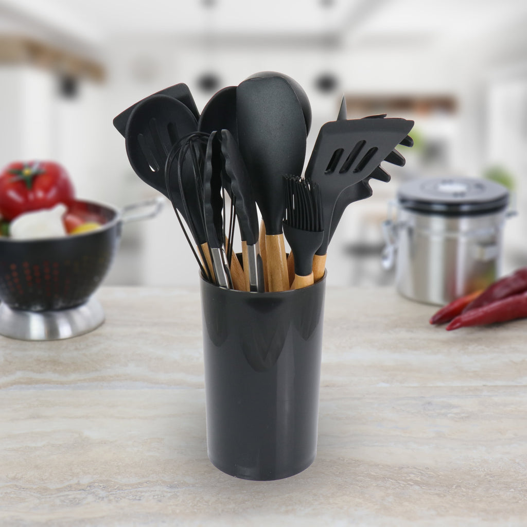 MegaChef Black 12 Piece Silicone and Wood Cooking Utensils - Image 4