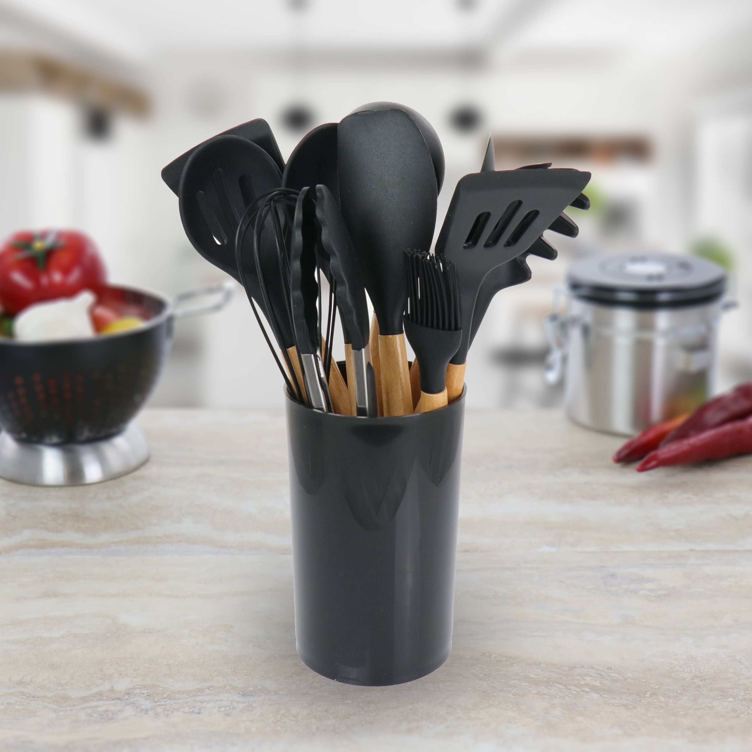 MegaChef Black 12 Piece Silicone and Wood Cooking Utensils - Image 4