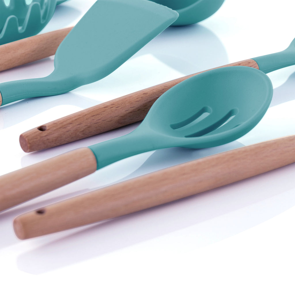 Light Teal 9 Piece Silicone and Wood Cooking Utensils - Image 2