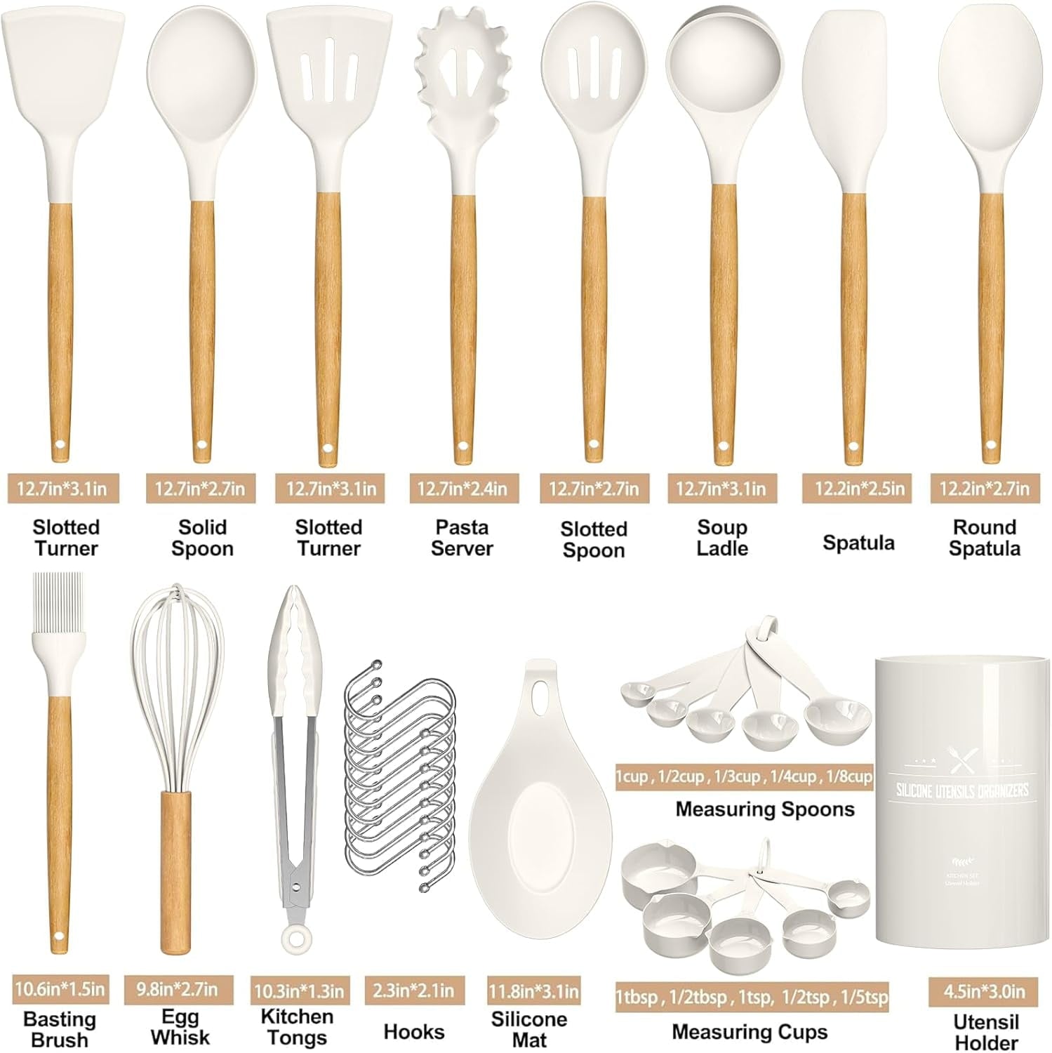Kitchen Cooking Utensils Set, 33 pcs Non-stick Silicone Cooking Kitchen Utensils Spatula Set with Holder, Wooden Handle Silicone Kitchen Gad - Image 4