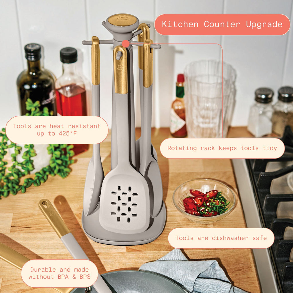 6-Piece Silicone Kitchen Utensil Tool Set with Rotating Rack , Porcini Taupe - Image 4