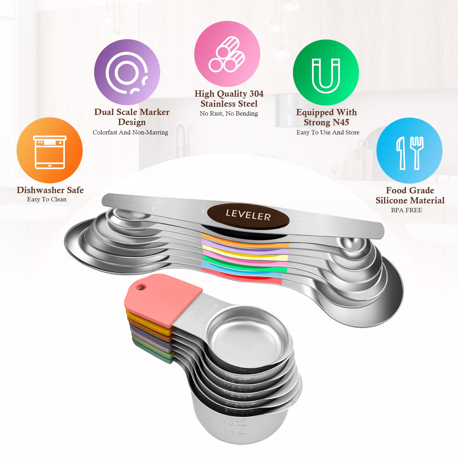 Godance Magnetic Measuring Cups and Spoons Set Including 7 Stainless Steel Stackable Measuring Cup 8 Double Sided Magnetic Measuring Spoons - Image 6