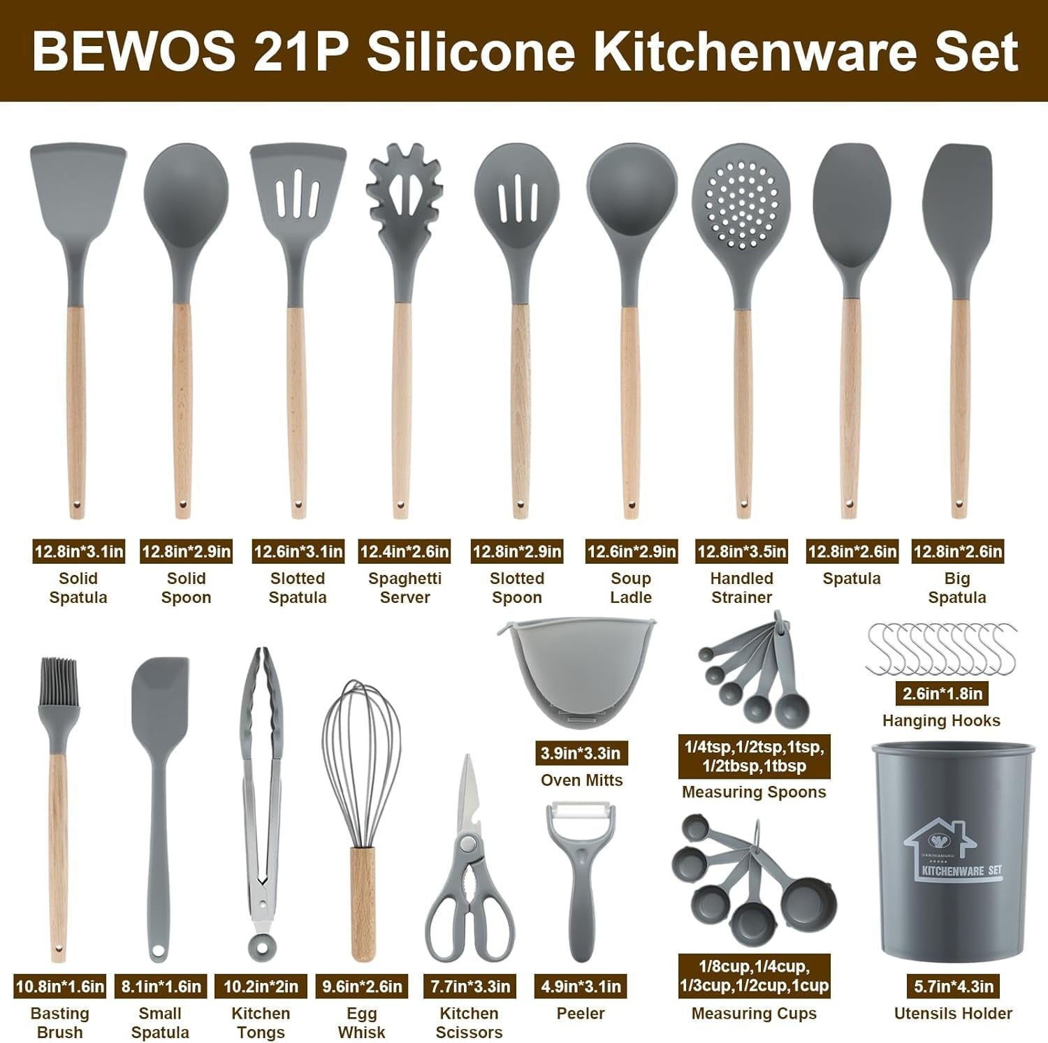 Utensils Set, Non-Stick Silicone Cooking Kitchen Utensils Spatula Set with Holder, Wooden Handle Silicone Kitchen Gad... - Image 2