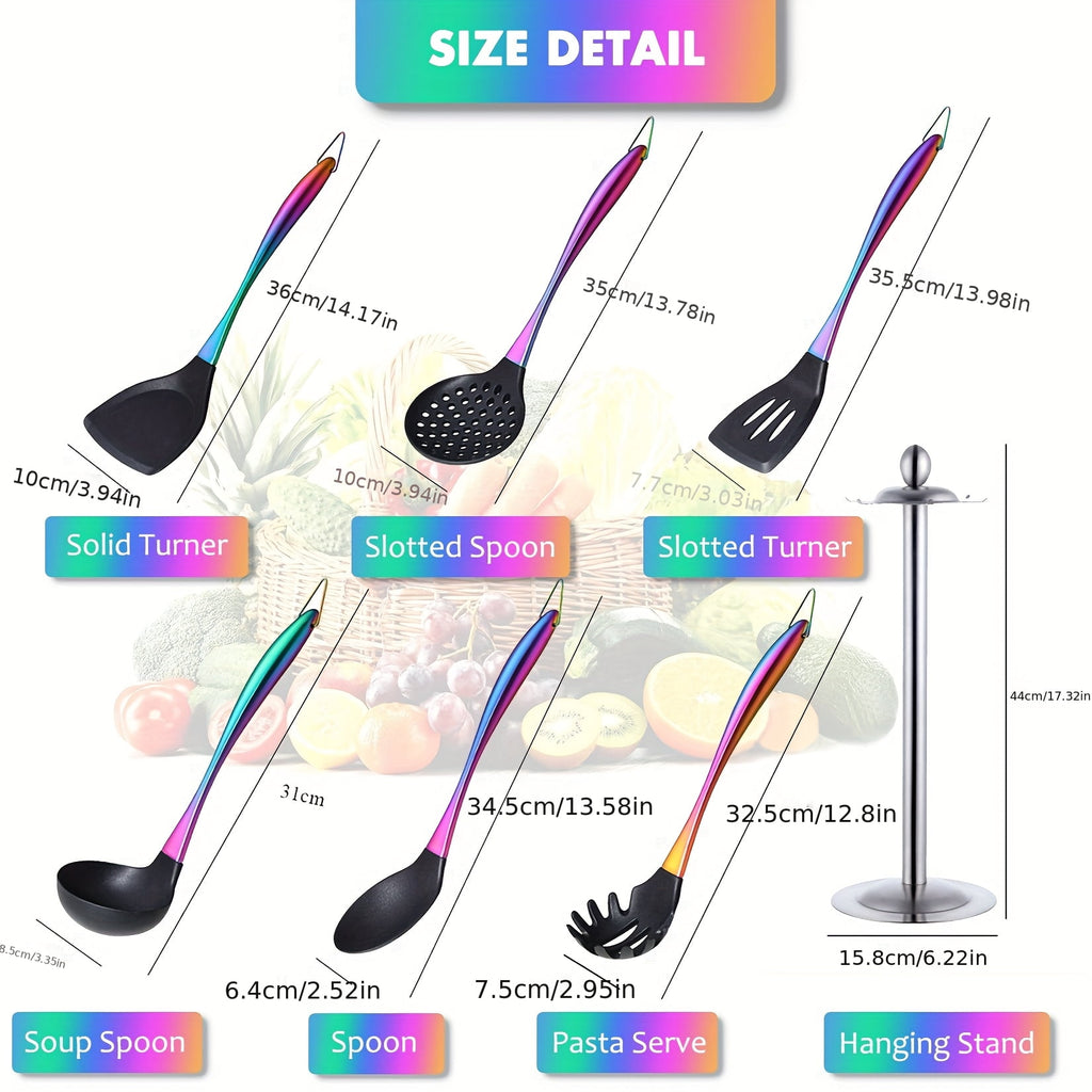 17-Piece Titanium Rainbow Silicone Kitchen Utensils Set with Holder, Heat-Resistant Non-Stick Tools with Stainless St... - Image 3