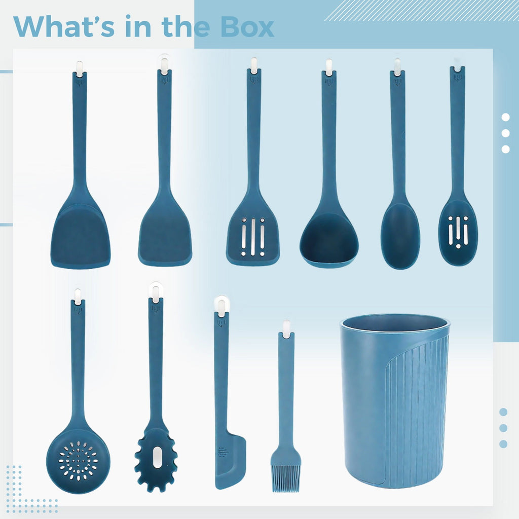11-Piece Set Silicone Cooking Utensils, Blue Kitchen Utensil Set, Heat Resistant, Include Spatulas Spoons and Holder,... - Image 5