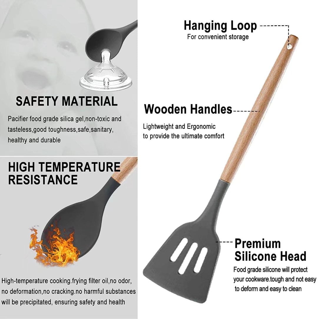 12 Pcs Kitchen Utensils Cooking Spatulas Nonstick Heat Resistant Silicone Kitchen Cookware Set(light grey) - Image 4
