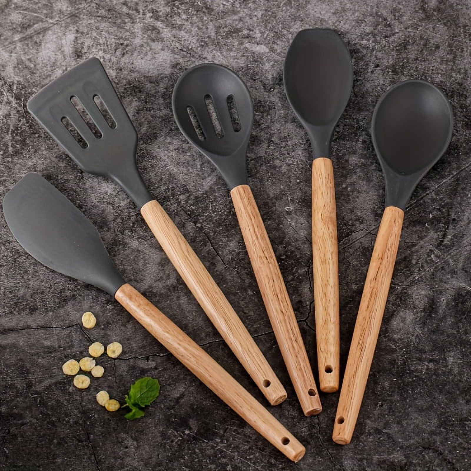 5pc Silicone Utensil Set, Kitchen Utensil Set, Safety Cooking Utensils Set, Non-Stick Cooking Utensils Set With Woode... - Image 5