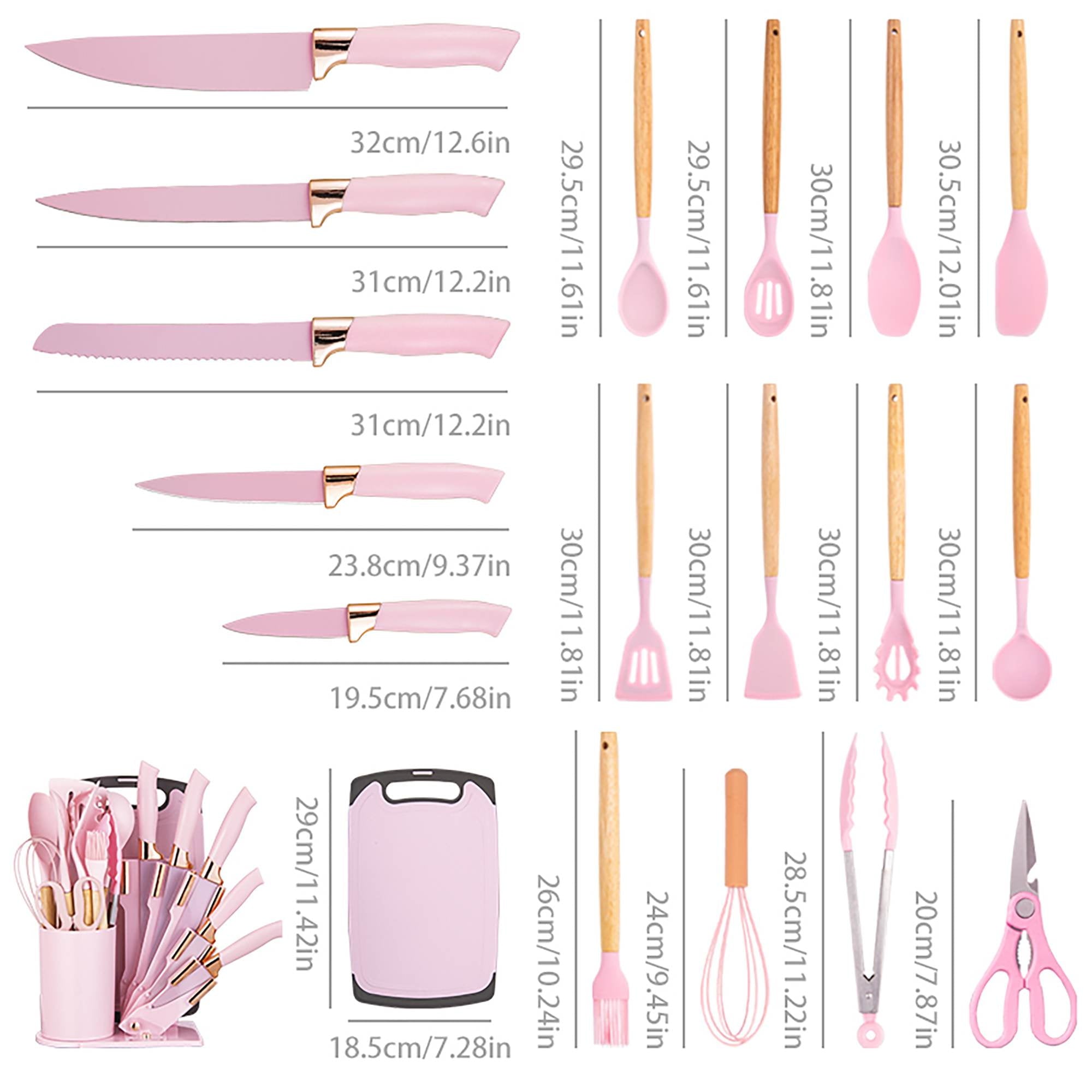 HEESEM 19-Piece Silicone Kitchen Utensil & Knife Set - Heat-Resistant Cooking Tools Non-Stick Safe Gift for Mom or Women Pink - Image 3