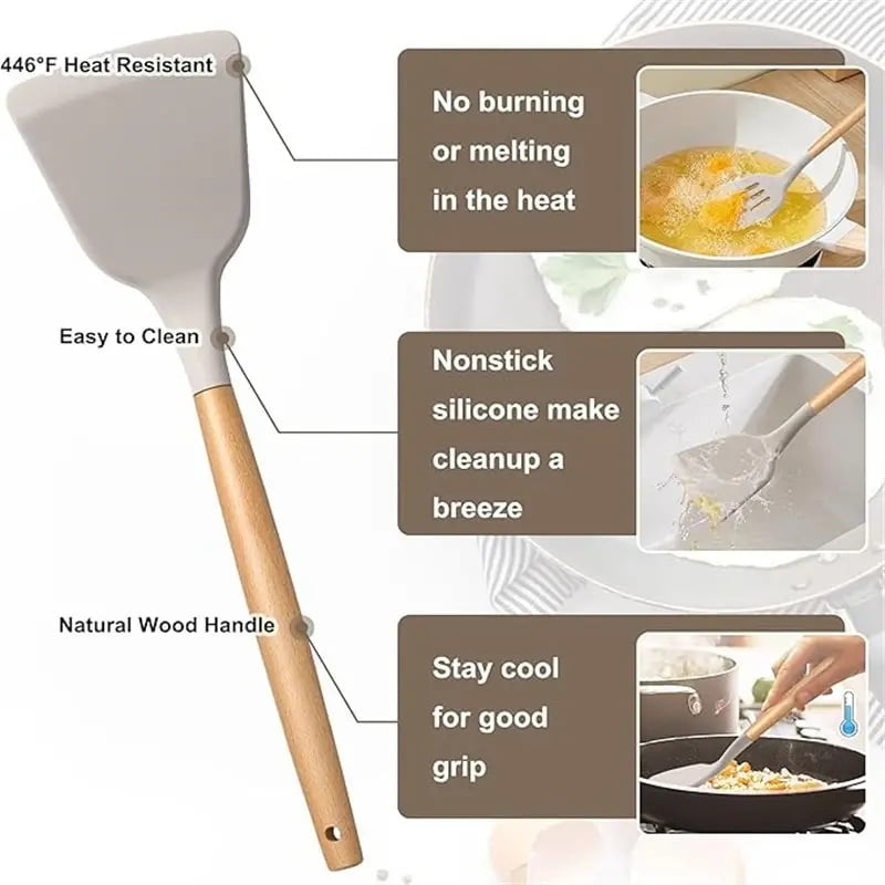 12-piece luxury silicone kitchen cooking utensils set with wooden handle, egg beater, brush pliers, heat-resistant an... - Image 4