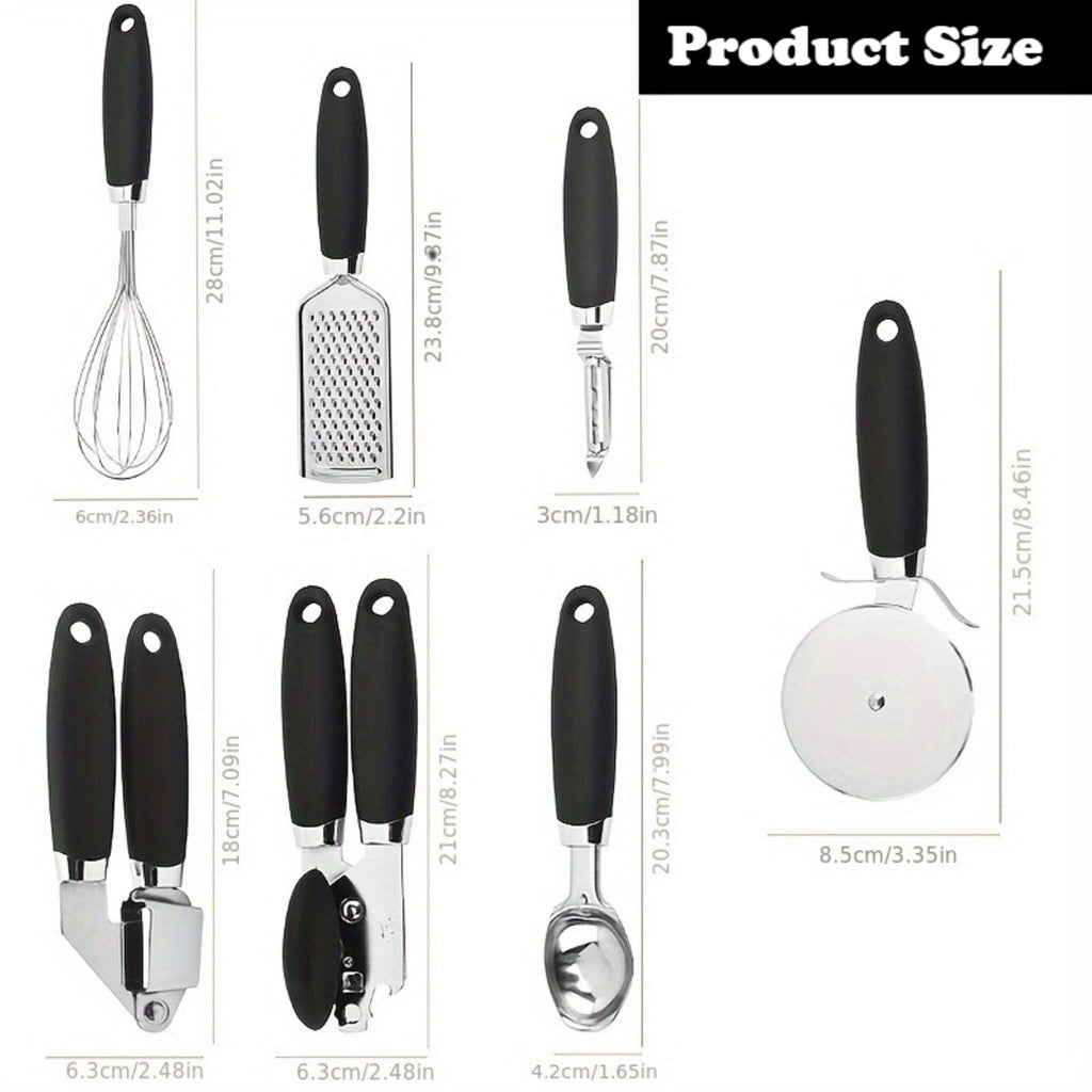 7 Pcs Black Stainless Steel Kitchen Gadget Set,Soft Touch Black Handles,Practical Daily Cookware for Home and New Apa... - Image 2