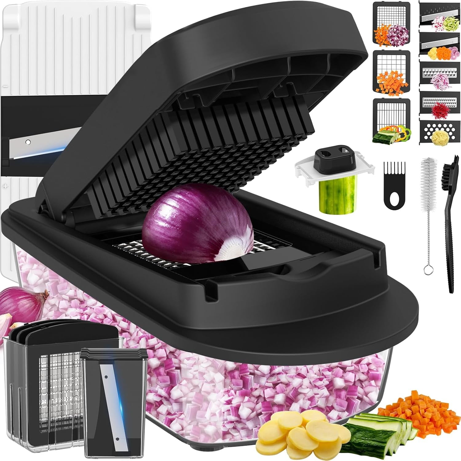 8-Blade Multifunction Food Cutter with Container, Manual Veggie Dicer Slicer for Onion, Tomato, Potato, Cucumber and ...