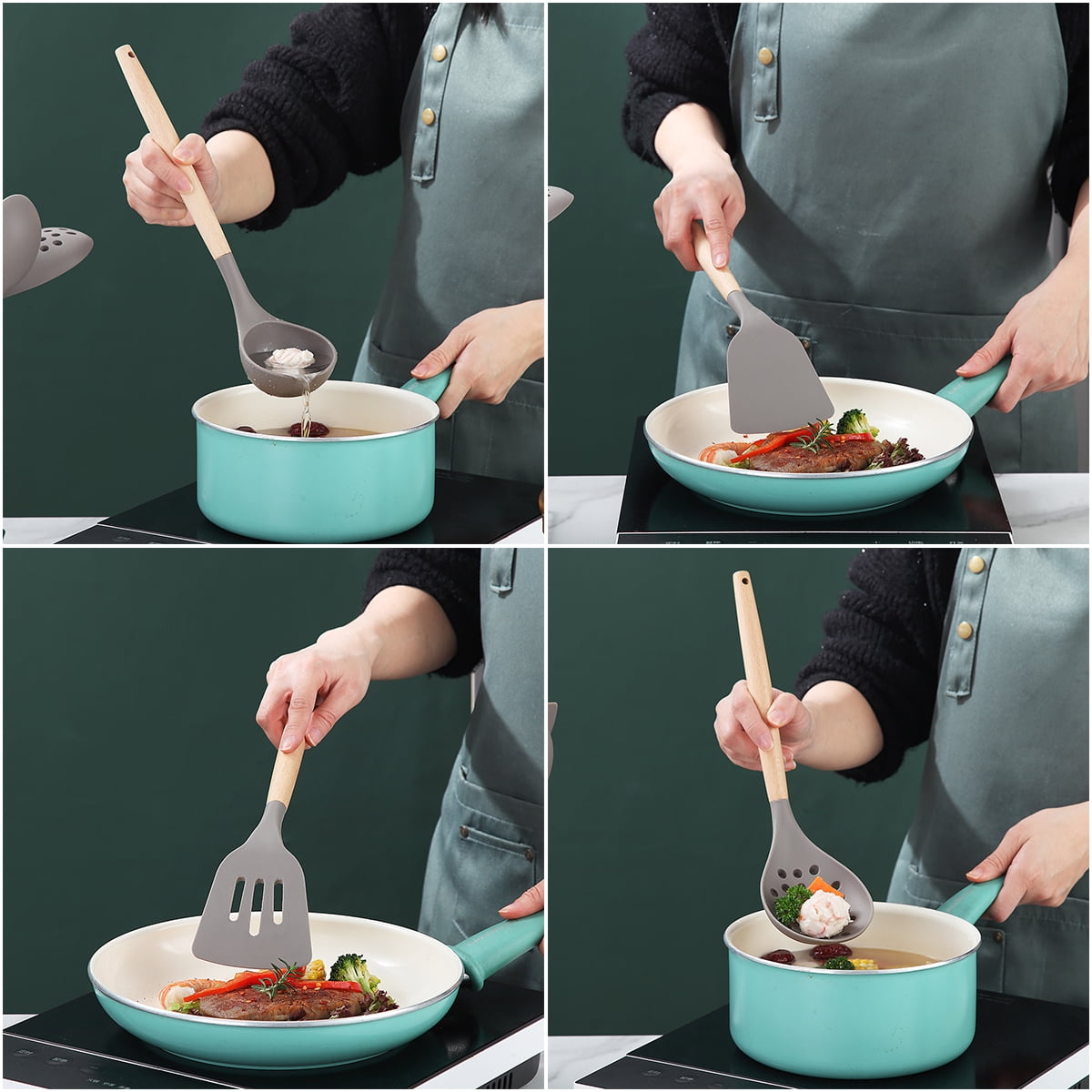 Silicone Kitchen Utensils Set 38 Pieces, Non-Stick Cooking Utensils Set with Muti-Use Hooks and Utensil Racks(Gray) - Image 5