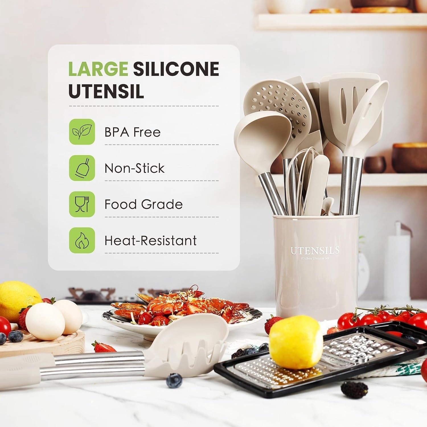 Large Cooking Utensils Set, 35 count Kitchen Utensils Set with Holder, Stainless Handle Spatula Set, Grade Kitchen Ga... - Image 2