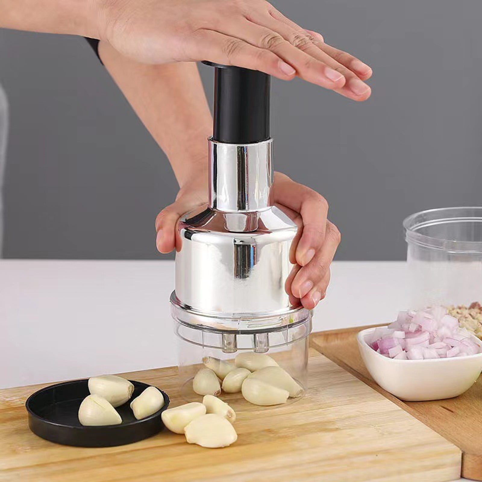 Manual Press Chopper Stainless Steel Garlic Mincer & Onion Slicer Handheld Food Prep Tool for Kitchen, Cooking, RV & ... - Image 4