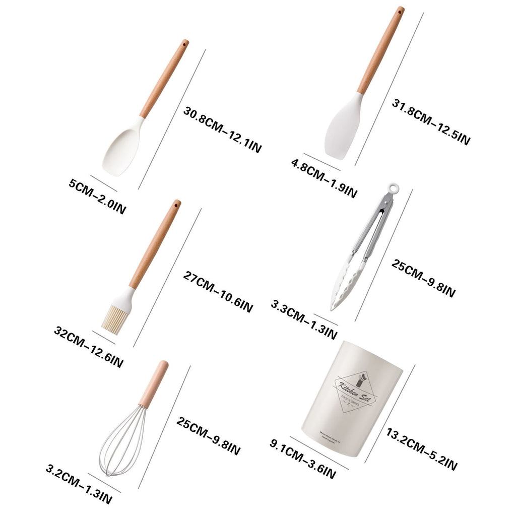 Kitchen Utensils & Gadgets,Wooden Handle Silicone Kitchenware Set 14 Piece Round Barrel Set Non Stick Pot Cooking Spo... - Image 6