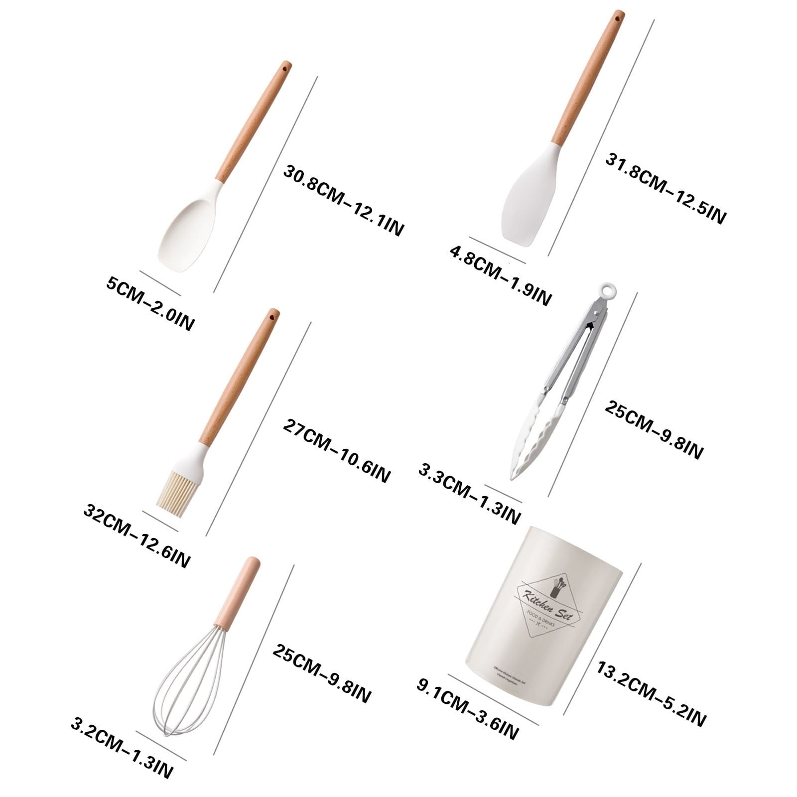 Kitchen Utensils & Gadgets,Wooden Handle Silicone Kitchenware Set 14 Piece Round Barrel Set Non Stick Pot Cooking Spo... - Image 6