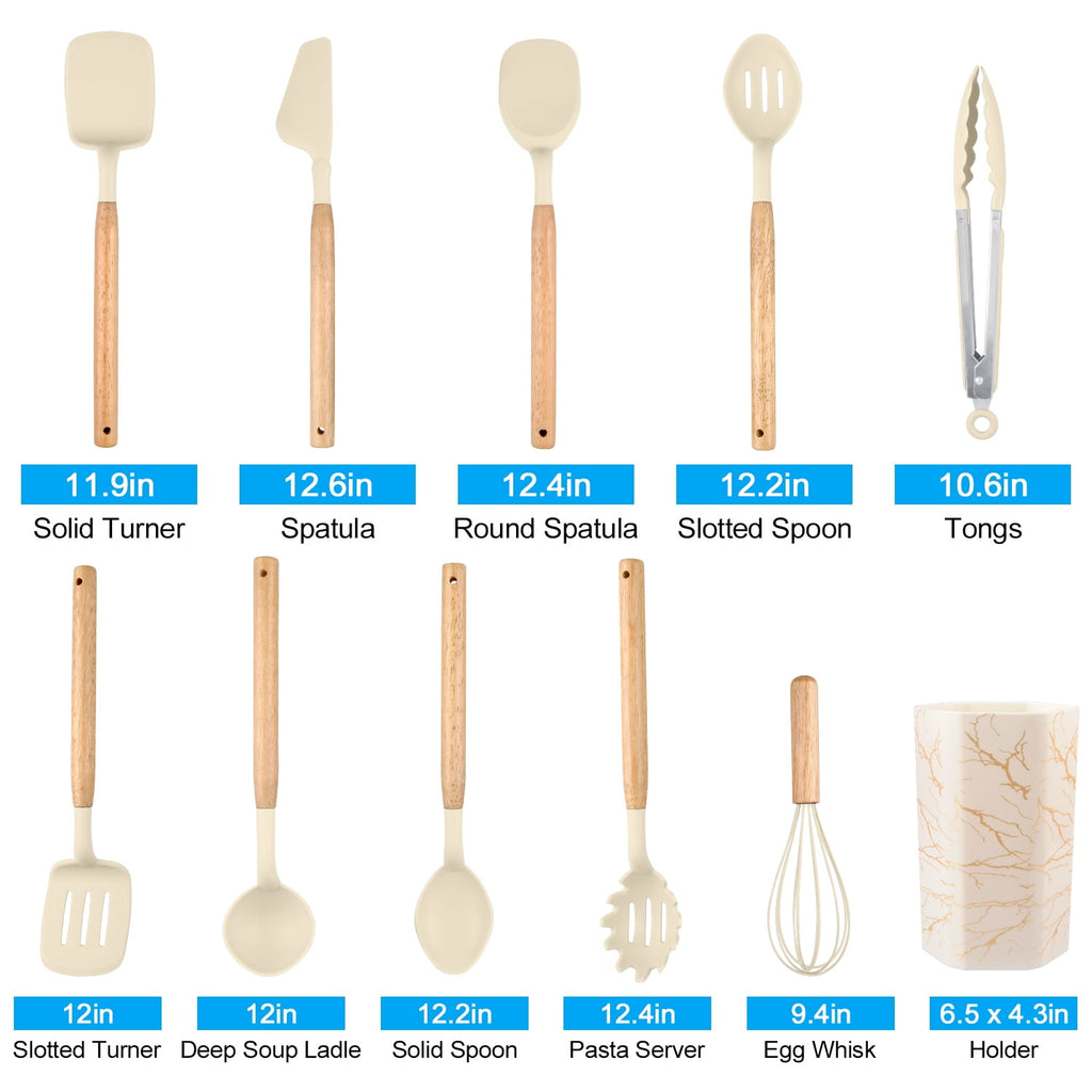 Silicone Cooking Utensils Sets with Utensils Holder 12-Piece Wooden Handle Kitchen Utensil Set 600F Heat Resistant No... - Image 5