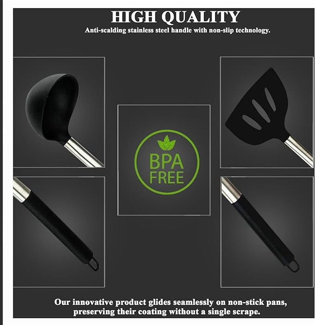 15 Pieces Silicone Kitchen Utensil Set with Holder | Non Slip Stainless Steel Cooking Tool |Spatulas, Spoon, Ladle, P... - Image 2