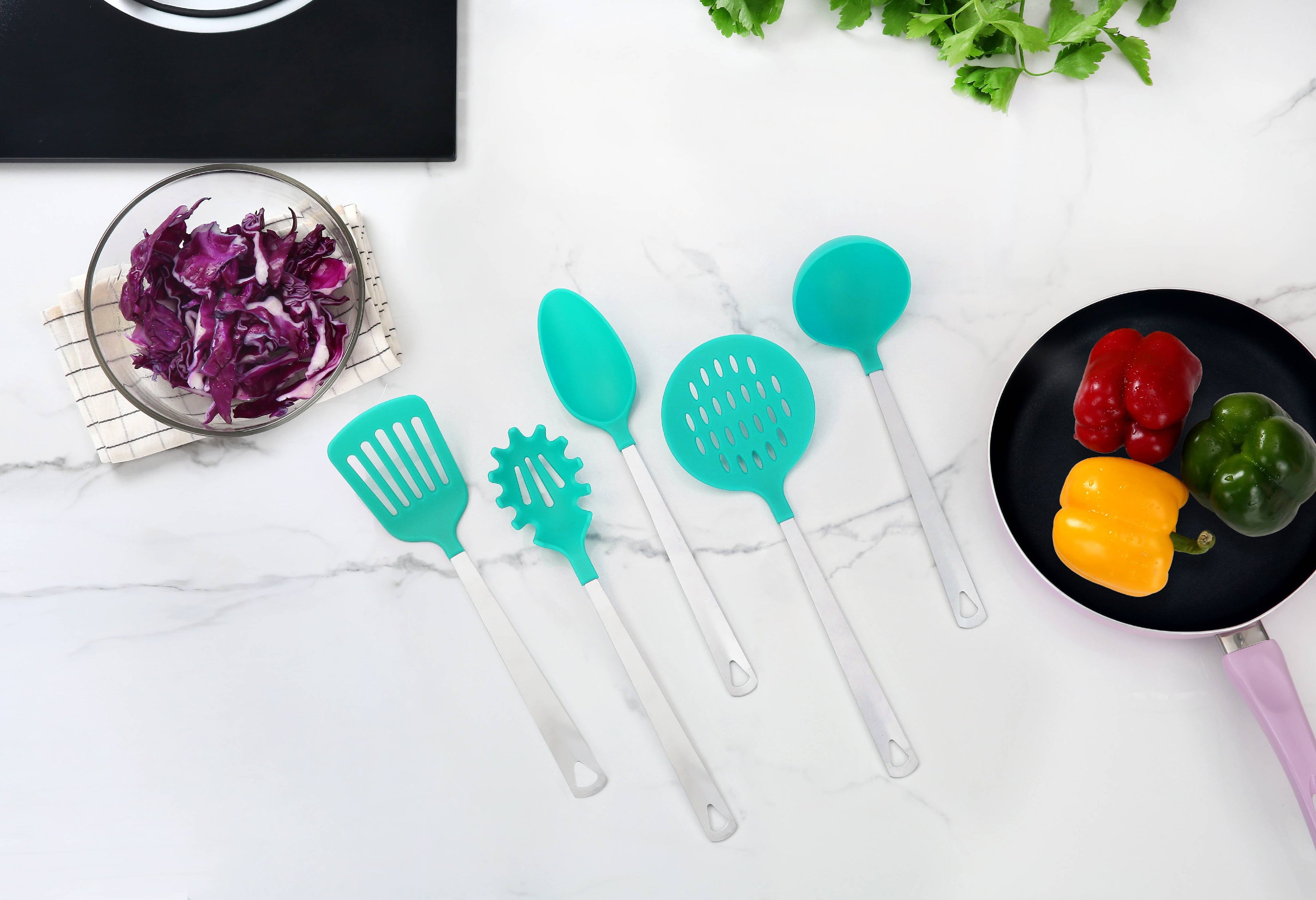 Mainstays Stainless Steel and Nylon Kitchen and Cooking Utensil Set, Spoon, Spatula, Ladle, Pasta Spoon and Skimmer Assorted Colors - Image 4