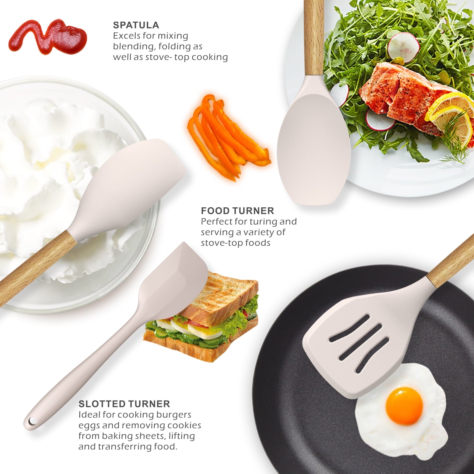 oannao Silicone Cooking Utensils Set - 446°F Heat Resistant Silicone Kitchen Utensils for Cooking,Kitchen Utensil Spatula Set w Wooden Handl - Image 3