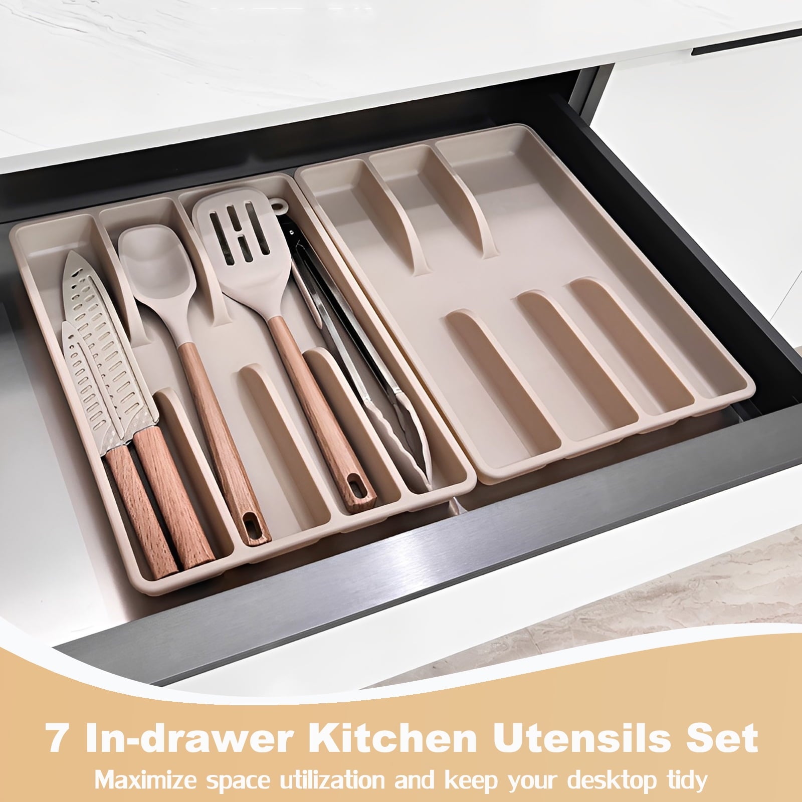 In-Drawer Kitchen Utensils Set, 7 Piece Cooking Utensils Set with Drawer Organizer Set of 2, Tray Drawer Dividers Kitchen Drawer Organizers - Image 2