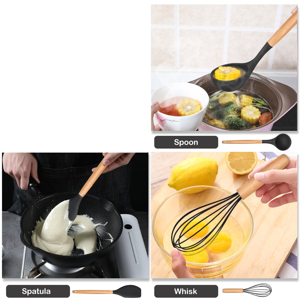 12-Piece Silicone Kitchen Cooking Utensils Set with Holder, Wooden Handle Utensils for Cooking, Kitchen Tools Include... - Image 6