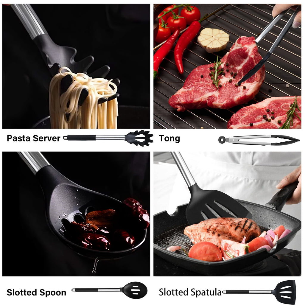 KSENDALO Silicone Cooking Utensils Set, 26 Pcs, Heat Resistant Kitchen  Utensils Set, Black - Image 5