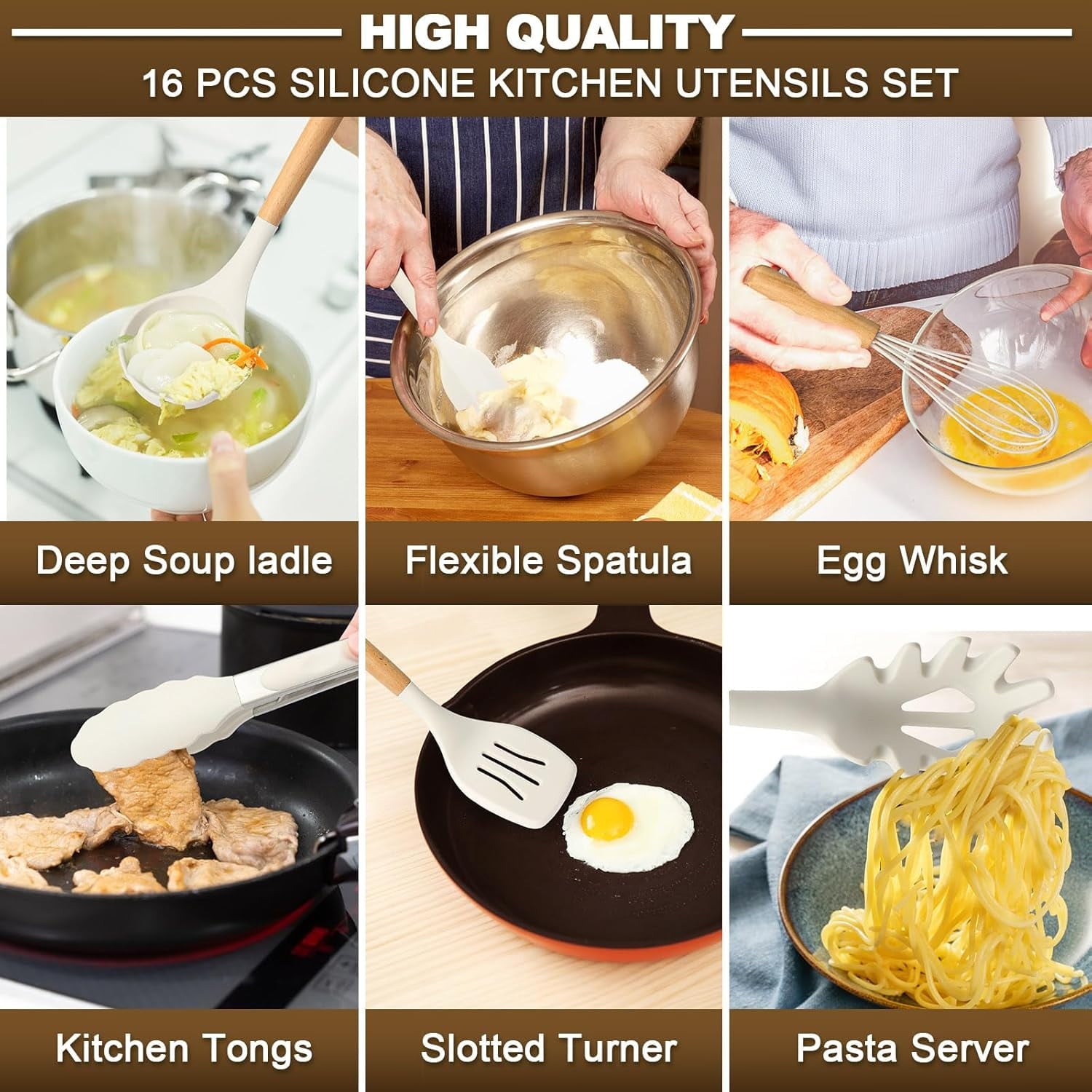 Silicone Cooking Kitchen Utensils Set, 16 Pcs Cooking Utensils Set with Holder, Heat Resistance, White Wooden Handle ... - Image 4