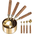 8Pcs Measure Cup and Spoon Set Gold Measuring Cup Spoon Set with Wooden Handle Stainless Steel Stackable Kitchen and Baking Measurement Kitc