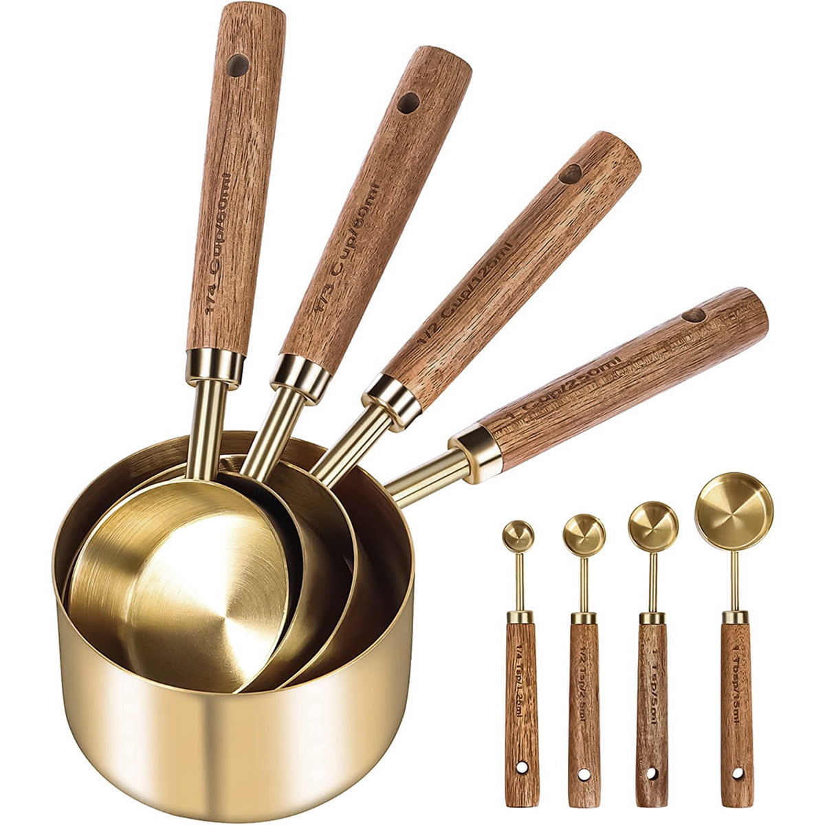 8Pcs Measure Cup and Spoon Set Gold Measuring Cup Spoon Set with Wooden Handle Stainless Steel Stackable Kitchen and Baking Measurement Kitc