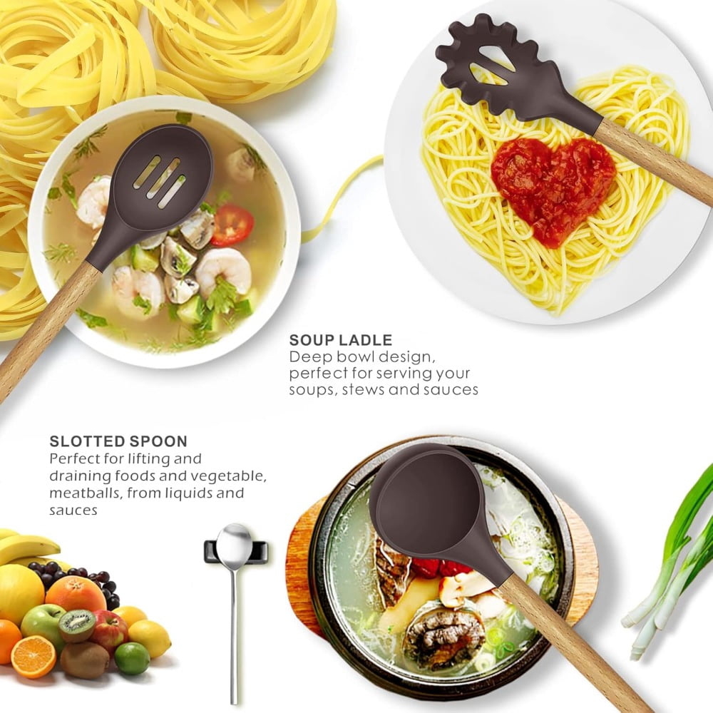 Silicone Cooking Utensils Set - 446°F Heat Resistant Silicone Kitchen Utensils for Cooking,Kitchen Utensil Spatula Set w Wooden Handles and - Image 4