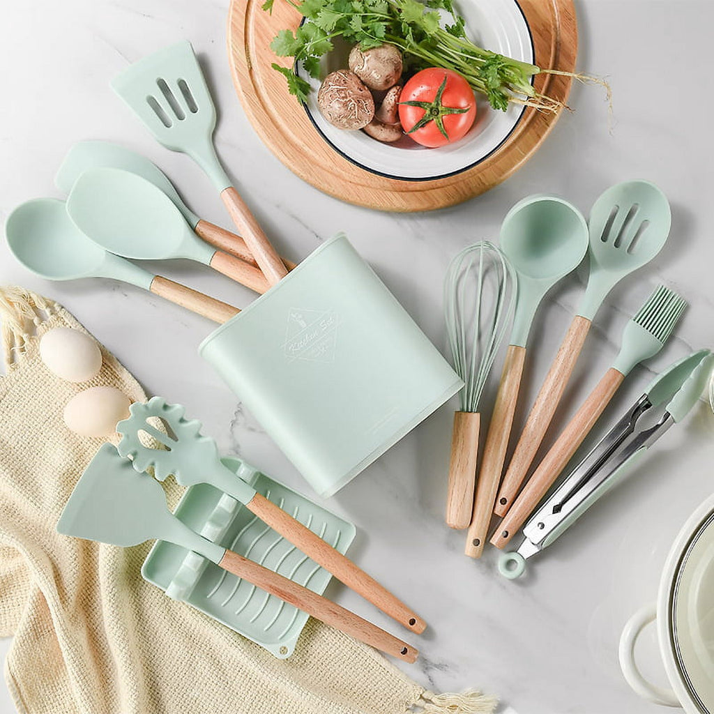 Kitchen Cooking Utensils Set, 11 pcs Non-Stick Silicone Cooking Kitchen Utensils Spatula Set with Holder, Wooden Hand... - Image 2